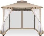 COBIZI Gazebo 10x10 Heavy Duty Gazebos with Improved Nettings Outdoor Gazebo Canopy Double Roof Patio Gazebos with Metal Steel Frame for Patio, Deck, Backyard (Khaki)