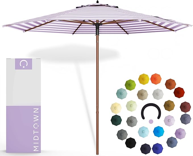Midtown Umbrellas The Wooden 8 Feet Patio Umbrella With Terylast Midtown Stripes (Purple/White Stripes) Polyester Fabric - Aluminum Frame Market Umbrella For Backyard, Deck, Garden, Pool - Wooden Pole