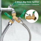 BoArt Brass Garden Hose Splitter 2 Way Heavy Duty, Y Valve Hose Splitter With Stainless Steel Long Handle, 3/4" GHT Thread Y Valve Water Garden Hose Tap Adapter
