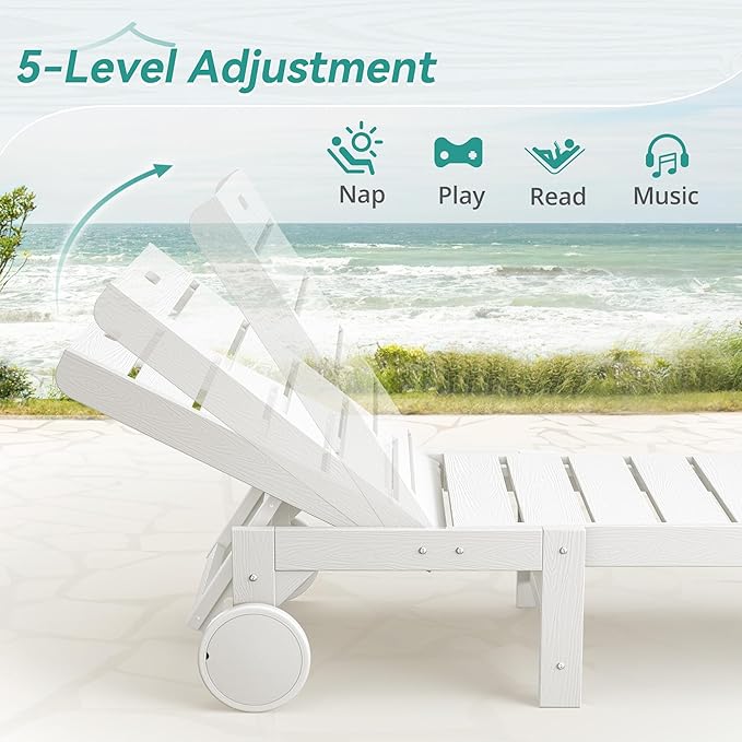 Outdoor Chaise Lounge Chairs Set of 2, 2-Piece, 26.8” Super Wide Lounge Chair Outdoor, HDPS Pool Chairs with 5 Positions, Patio Lounge Chair with Wheels for Pool,Lawn,Backyard, White