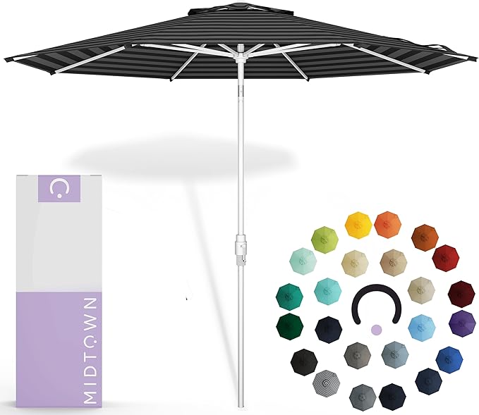 Midtown Umbrellas The Swilt 8 Feet Patio Umbrella in Sunbrella Black & White Acrylic Fabric - Fiberglass Ribs, Auto-Tilt Aluminum Frame For Backyard, Deck, Garden, Pool - White Pole