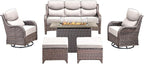 Luxury High Back Outdoor Furniture 6-Inch Thick Cushions with 50,000 BTU Gas Propane Fire Pit Tablet, Patio Furniture Set with Swivel Chairs, 6 PCS for Porch, Balcony, Deck and Yard