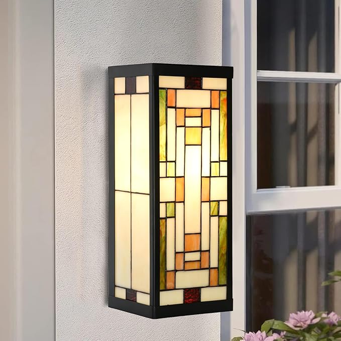 WL0005 Tiffany Style Rectangular Outdoor Wall Lights Stained Glass Corridor Wall Lamp Vintage Outdoor Balcony Aisle Hallway Wall Sconce Lighting,6" Wx 5.5" D x16 H, Bulb Included (Bricks)
