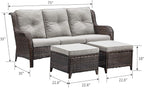 HUMMUH 3 Piece Patio Furniture Set All Weather Wicker Outdoor Sectional Sofa Manual Weaving Rattan High Curved Back Patio Couch with Ottomans