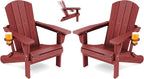 SERWALL Folding Adirondack Chair Set of 2, Adjustable Adirondack Chair with 3 Recline Positions, All Weather HDPE Outdoor Adirondack with Cup Holders, Red