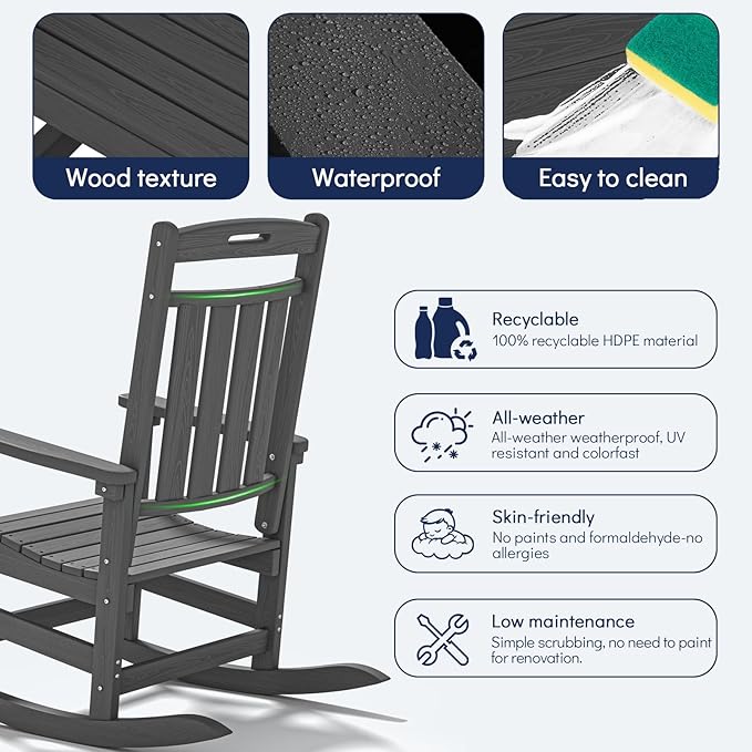 Plawdlik HDPE Rocking Chair,Oversized Outdoor Rocking Chair Set of 2,Patio Rocking Chair All Weather Resistant-Grey