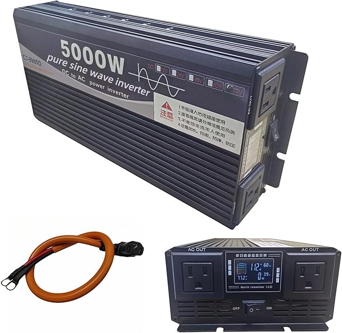 5000W Power Inverter 60V DC to 110V AC Converter with LED Display Dual AC Outlets Dual Fans Radiating for RV, Camp, Boat and Home Emergency Portable Pure Sine Wave Inverter (Smart Screen, 5000W 60V)