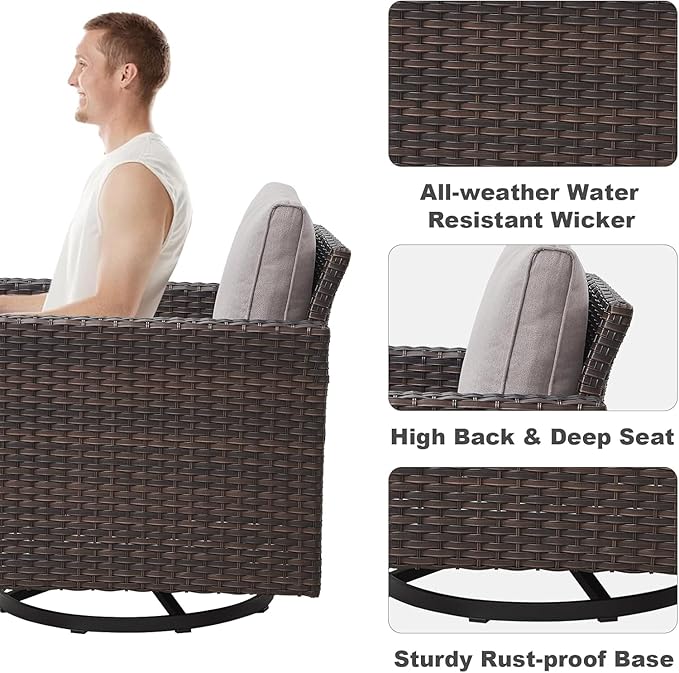Wicker Patio Furniture Set, 6 PCS Outdoor Patio Furniture Set with Swivel Chairs, Includes 2 Swivel Patio Chairs, 1 Outdoor Couch, 1Side Table and 2 Ottoman, Brown/Beige