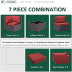 Outdoor Patio Furniture Set, 7 Pieces Outdoor Furniture All Weather Patio Sectional Sofa PE Wicker Modular Conversation Sets with Coffee Table,6 Chairs & Seat Clips(Red)