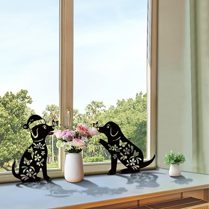 Metal Dog Garden Decor/Stakes,Gifts for Mother/Father/Dog Lovers,17" Outdoor Patio Decorative/Yard Art Statues,Weather Resistant Steel Animal Sculptures-Puppy Signs Lawn Ornaments,Set of 2.
