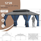 12’x20’ Hardtop Gazebo Outdoor Aluminum Frame Permanent Gazebo Galvanized Steel Double Roof Gazebos with Nettings and Curtains for Patio, Lawns,Backyard, Deck(Navy)