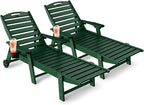 Lounge Chair Outdoor Set of 2, 6-Position Adjustable Chaise Lounge Outdoor with Wheels, Lounge Chair with Cup Holder for Pool Poolside Deck Backyard Patio, Green