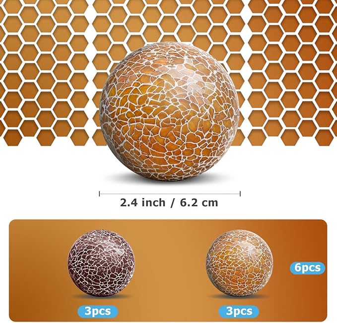 6 PCS 2.5inch Round Glass Mosaic Sphere Balls Set Living Room Table Bowls Vases Home Centerpieces Decorative Orbs Christmas Thanksgiving Wedding Party