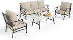 Patio Furniture Set 4 pcs, Metal Outdoor Patio Furniture, 3-Seat Sofa, 2 Single Chairs, Metal Coffee Table and 5.75" Extra Thick Cushion, Patio Conversation Set,Beige