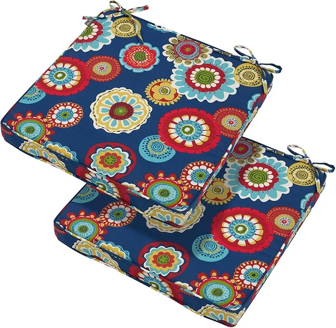 Magpie Fabrics Indoor Outdoor Waterproof Square Chair Cushion, 18" x 18" x 2.5", 2 Pack, Water Resistant Seat Cushions, for Patio Garden Office, Floral Navy