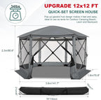 COBlZl Pop Up Gazebo 12x12 Screen House Tent for Camping, Outdoor Instant Stargazing Gazebo Canopy with Awning 2.0, Portable Hub Tent with Mosquito Netting, Pavilion for Backyard,Gray