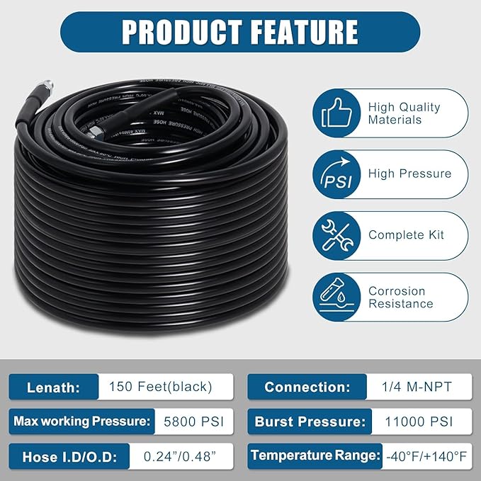 150FT Sewer Jetter Kit for Pressure Washer, 5800PSI Water Jet Durable Drain Cleaner Hose 1/4 Inch NPT Corner with 4 Specialized Nozzles，Waterproof Tape, Pearl Corsage Pin, Handle Strap & 2 Spanners