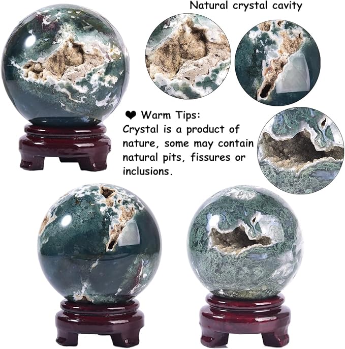 Large Moss Agate Crystal Sphere Natural Healing Crystal Ball with Stand Meditation Decorative Balls Home Decor 80-90mm/3.1-3.5"