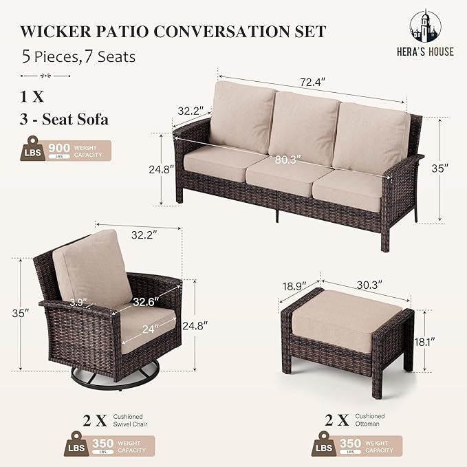 HERA'S HOUSE High Back Patio Furniture Set with Swivel Chairs, Outdoor Wicker Furniture with 5.5" Thick Cushions, Outside Conversation Sofa Sets for Backyard Deck Lawn, Beige