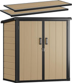 DWVO 51 cuft Outdoor Storage Shed with 2 Shelves, Weatherproof Vertical Tool Shed with Floor & Lockable Doors, Sturdy Double-Wall Plastic Cabinet for Garbage Cans and Garden Equipment (Brown)