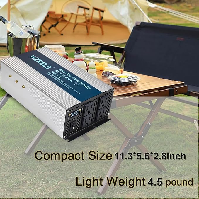WZRELB 1800W Pure Sine Wave Inverter 12V DC to 110V 120V AC,Car Power Inverter with 4 AC Outlets, LED Display,Off-Grid Portable Power Converter for Home, RV, Truck, Camping