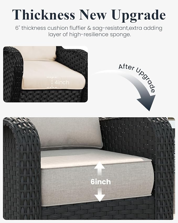 LayinSun 7 Piece Wicker Outdoor Furniture Set with 6-inch Comfy Cushions, High Back Patio Furniture Set with Rattan Armchairs and Fire Pit Table