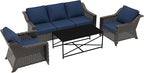 4 Pieces Outdoor Conversation Furniture Set - 77" Patio Sofa, 2 Wicker Armchairs, 1 Metal Coffee Table, Patio Wicker Furniture Set with Water-Resistant Cushions for Sunroom (Navy Blue)