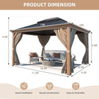 MELLCOM 10'x12' Hardtop Gazebo, Wooden Finish Coated Aluminum Frame Canopy with Galvanized Steel Roof, Outdoor Metal Gazebos with Curtains and Nettings for Patio, Backyard, Deck and Lawns
