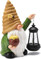 12.3''Solar Garden Gnomes Outdoor Decor Honey Bee jar Gnome Statues with LED Lantern Xmas Patio Lawn Yard Art Decoration Birthday Christmas Gardening Gifts for Mom Dad, Bee Gnome