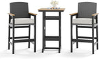 HERA'S HOUSE HDPE Outdoor Bar Set of 3, 2 Bar Stools with Wicker Backrest and Comfy Thick Cushion, 42” All Weather Outdoor Bar Table with Cut-Out Legs, Patio Bar Table and Chairs Set