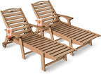 Lounge Chair Outdoor Set of 2, HDPE Chaise Lounge Outdoor with 6-Position & Wheels &Cup Holder, Pool Lounge Chair for Pool Poolside Deck Backyard Patio, Teak