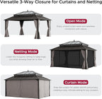 SUNJOY Kingston 16' x 12' Hardtop Gazebo with Galvanized Steel/Polycarbonate Double Roof, Curtain and Netting, Brown Aluminum Posts Permanent Pavilion Gazebo for Garden, Patio, Deck, Lawn