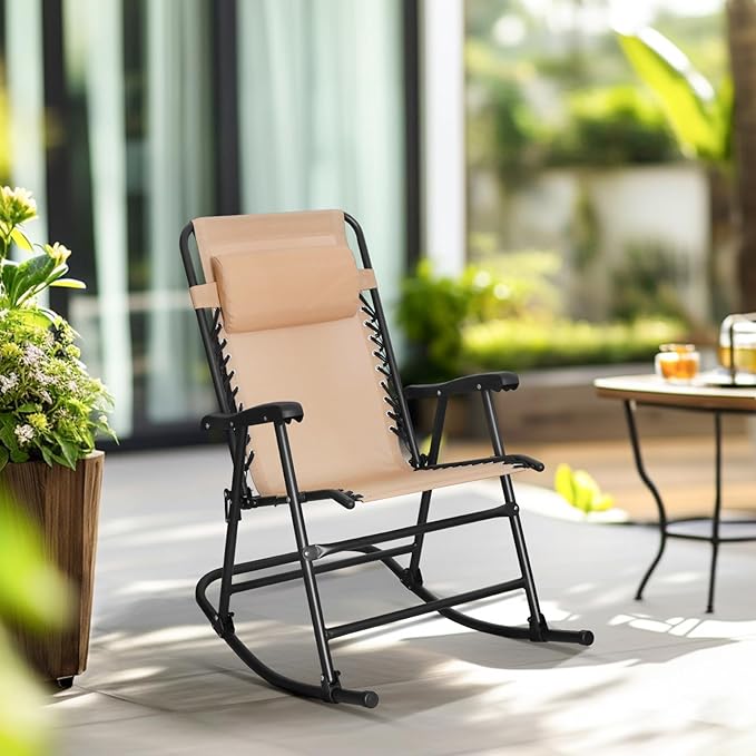 Amazon Basics Outdoor Patio Folding Reclining Lounge Rocking Chair with Pillow, Affordable Folding Chairs for Outside, Beige, 33.6 x 37.4 x 26 inch