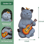 Cat Garden Statue Outdoor Decor, Cat Sculpture with Guitar and Butterfly for Yard Lawn Patio Balcony, Christmas Birthday Housewarming Gifts for Mom, Grandma, Women, 8.8 inch, Resin