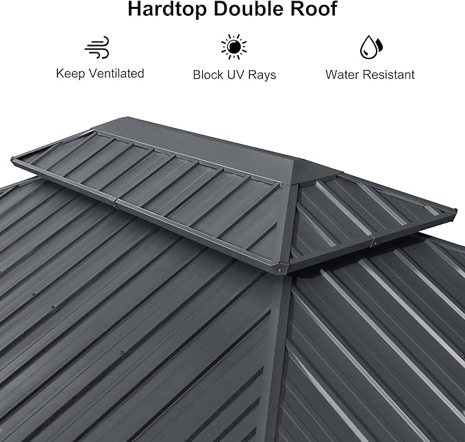 PURPLE LEAF 10'x12' Hardtop Gazebo with Lights UV-Protected Aluminum Double Roof Galvanized Steel Frame Outdoor Patio Gazebo Including Netting and Curtains for Deck Garden Backyard Grey