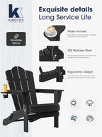 KINGYES Folding Adirondack Chair, HDPE All-Weather Patio Chairs with Cup Holder, Wooden Textured Fire Pit Chairs for Poolside, Backyard, Deck, Black