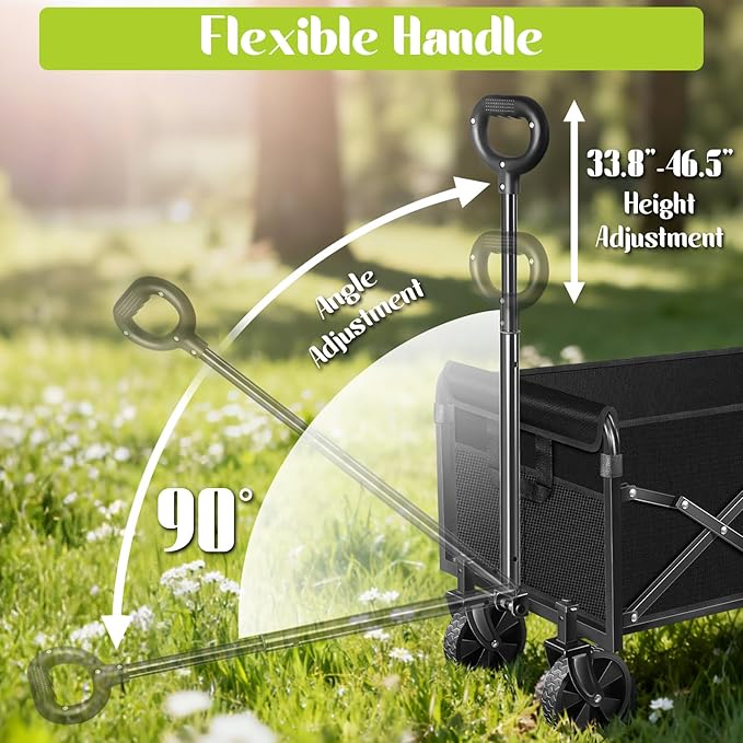 Wagons Carts Foldable, Collapsible Wagon with Wheels, Folding Wagons carts for Camp Sports Garden, Portable Utility Outdoor Wagon with 360lbs, Garden Cart for Groceries, Two Cup Holder, Black