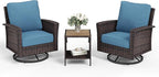 Patio Wicker Swivel Chairs Set of 2, Outdoor High Back Chairs with 5.5" Waterproof Cushions and Side Table, Outdoor Furniture Set for Deck Porch and Yard, Peacock Blue