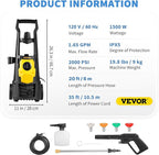 VEVOR Electric Power Washer, 2000 PSI, Max 1.65 GPM Pressure Washer w/ 30 ft Hose & Reel, 5 Quick Connect Nozzles, Foam Cannon, Portable to Clean Patios, Cars, Fences, Driveways, ETL Listed