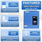 3000W Hybrid Solar Inverter 24V DC to 110V AC, Pure Sine Wave, Built-in 100A MPPT Controller, 98% Efficiency, Solar & Generator Input, Dustproof, for Home Backup RV Off-Grid