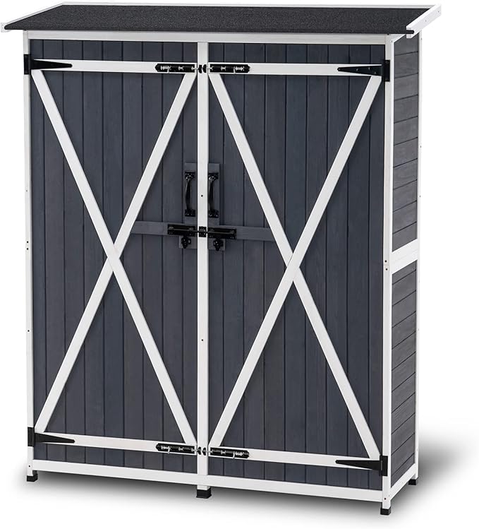 MCombo Outdoor Storage Cabinet with Shelves, Wood Garden Shed with Floor, Outside Tool Shed with 2 Lockable Doors for Backyard Patio Lawn, 1400 (Gray)