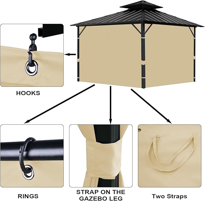 Gazebo Universal Replacement Privacy Curtain, 12'X14' Gazebo Curtains Outdoor Waterproof, 4-Panels Sidewall with Zipper for Patio, Garden and Backyard (Only Curtains, 12'X14', Khaki)