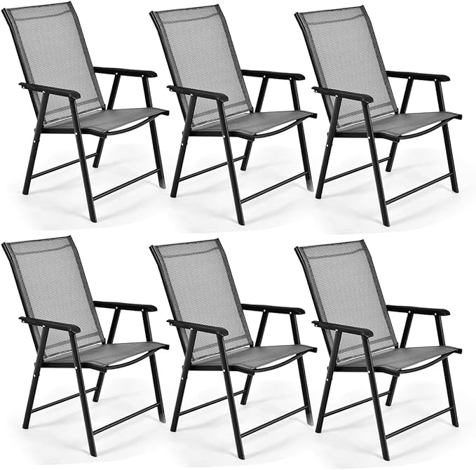 S AFSTAR Folding Patio Chairs Set of 6, Metal Textilene Patio Dining Chairs with Armrests, Foldable Sling Chairs Outdoor Lawn Chair for Garden Backyard Porch Deck, 330LBS Load (Gray)