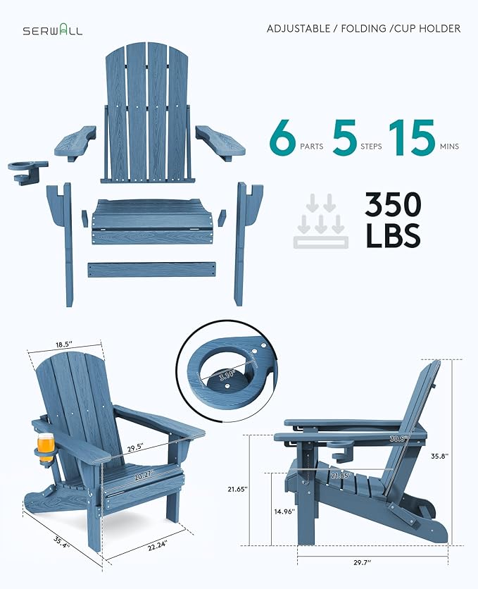 SERWALL Folding Adirondack Chair Set with 9 Ft Umbrella, Adjustable HDPE Adirondack Chair with 3 Recline Positions, Blue (Umbrella Base is not Included)