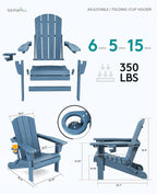 SERWALL Folding Adirondack Chair Set of 8, Adjustable Adirondack Chair with 3 Recline Positions, All Weather HDPE Outdoor Adirondack with Cup Holders, Blue