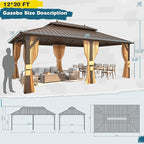 MELLCOM 12'x20' Hardtop Gazebo, Metal Double Roof Aluminum Gazebos with Curtain and Netting,Brown Permanent Galvanized Steel Pavilion for Patio, Lawn & Deck