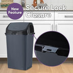 Superio Kitchen Trash Can 13 Gallon with Swing Lid, Plastic Tall Garbage Can Outdoor and Indoor, Large 52 Qt Recycle Bin and Waste Basket for Home, Office, Garage, Patio, Restaraunt (Grey/Black)