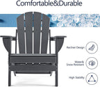 Folding Adirondack Chair, HDPE Outdoor Texture Lawn Chair with Reclining Back, Cup and Phone Holder - Comfortable Firepit Chair Weather Resistant for Patio or Backyard (Grey, Set of 1)