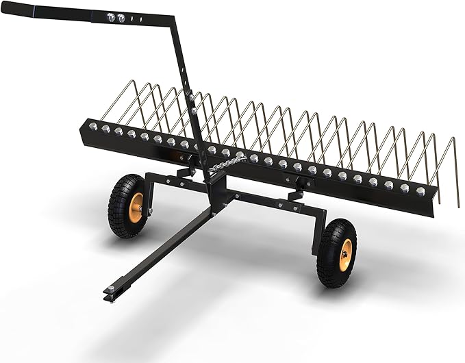 YITAMOTOR 60 Inch Tow Behind Dethatcher, Lawn Dethatcher Rake with 24 Spring Steel Tines & Lift Handle for ATV or Mover Tractors, Tow Behind Lawn Rakes for Leaves, Pine Needles, and Grass