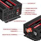 JIGUUN 1500 Watt Pure Sine Wave Inverter DC 12V to AC 120V Converter, Remote Control Power Car Inverter with LED 4 AC Outlets USB Output for Outdoor Camping RV.